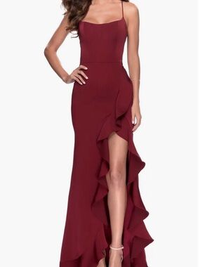 La Femme Burgundy Ruffle High-Slit Evening Dress